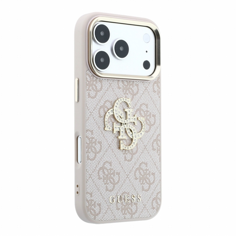 Guess PU 4G Strass Metal Logo hátsó tok iPhone 18 Pro Max-hoz, rózsaszín
