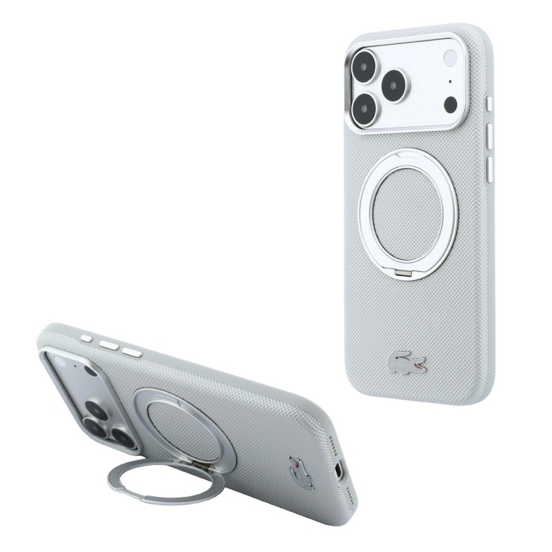 Lacoste PVC Petit Pique Semi Wrap Ring Stand MagSafe hátsó tok iPhone 18 Pro Max-hoz, világosszürke