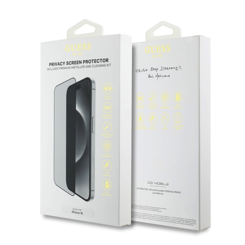 Guess edzett üveg 2.5D PRIVACY iPhone 16-hoz Fekete