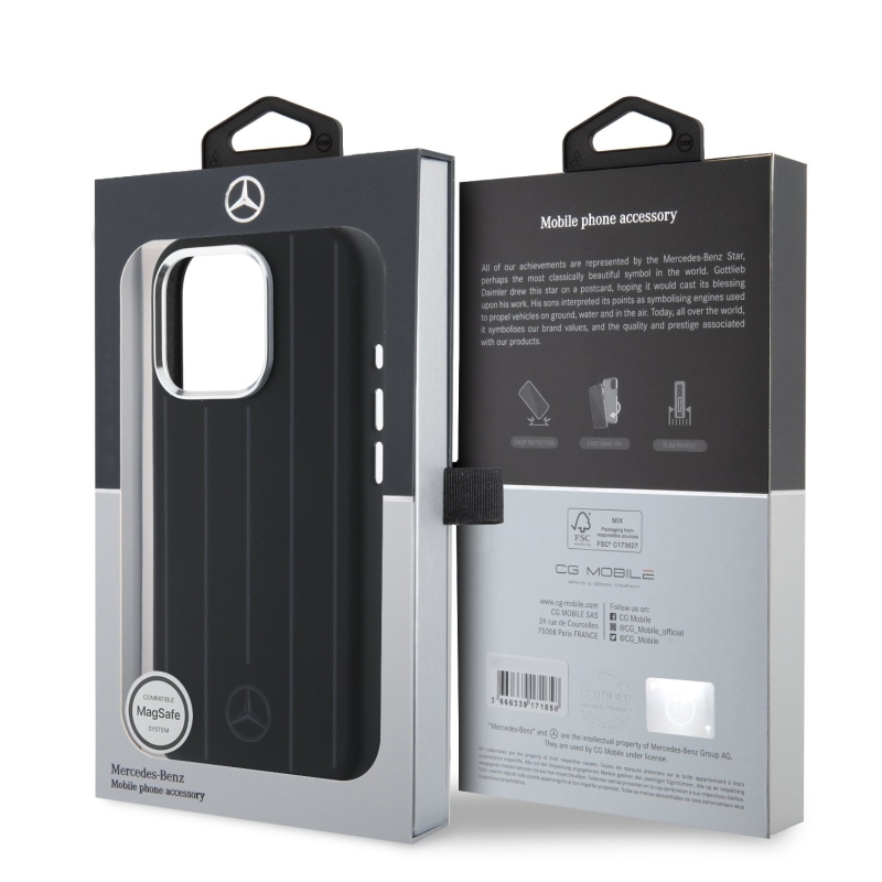 Mercedes Liquid szilikon csíkos mintás MagSafe hátlap iPhone 16 Pro Fekete
