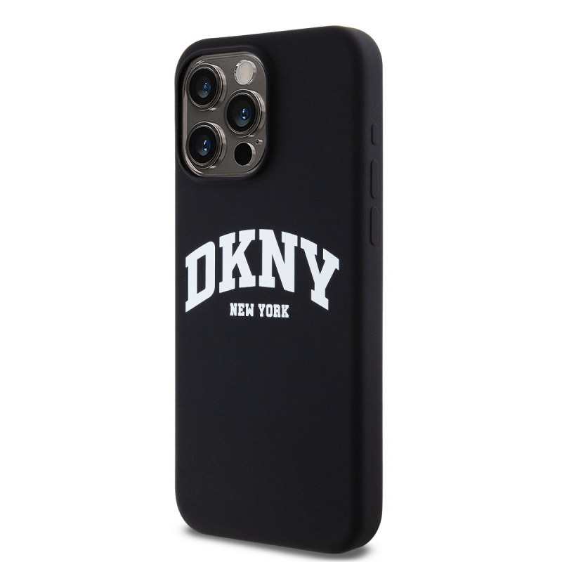 DKNY Liquid Silicone Arch Logo MagSafe hátlapi borító iPhone 14 Pro-hoz Fekete