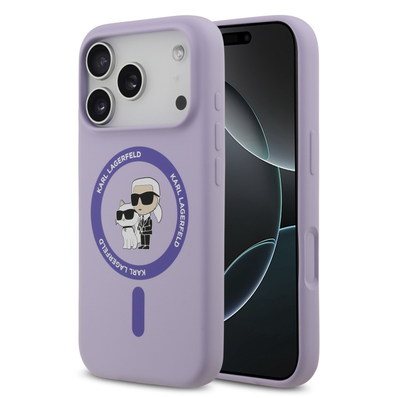 Karl Lagerfeld folyékony szilikon Karl és Choupette MagSafe hátlapi borító iPhone 17 Pro lilához