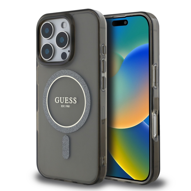 Guess IML csillogó gyűrű MagSafe hátlap iPhone 16 Pro Max-hoz Fekete