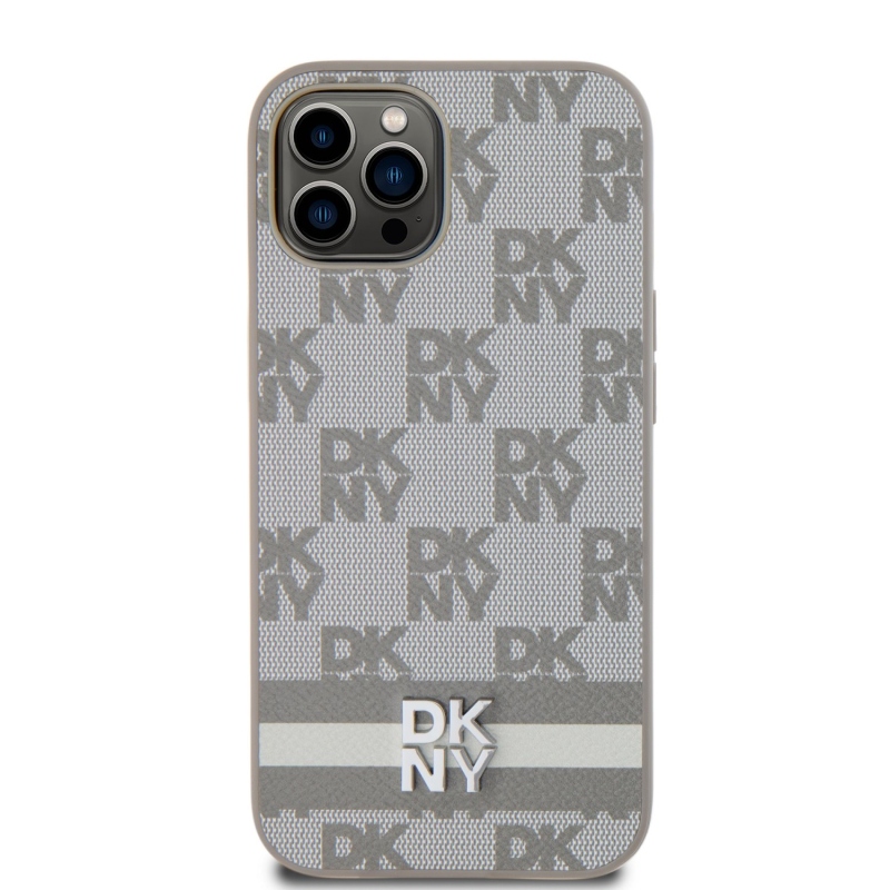 DKNY PU bőr kockás mintás és csíkos hátlapi borító iPhone 12/12 Pro bézs színű készülékhez