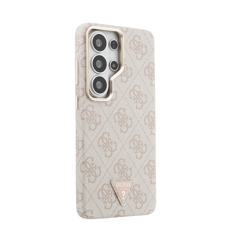 Guess PU bőr 4G Strass háromszög háromszög logó arany keret mágneses hátlap borító Samsung Galaxy S26 Ultra Pink