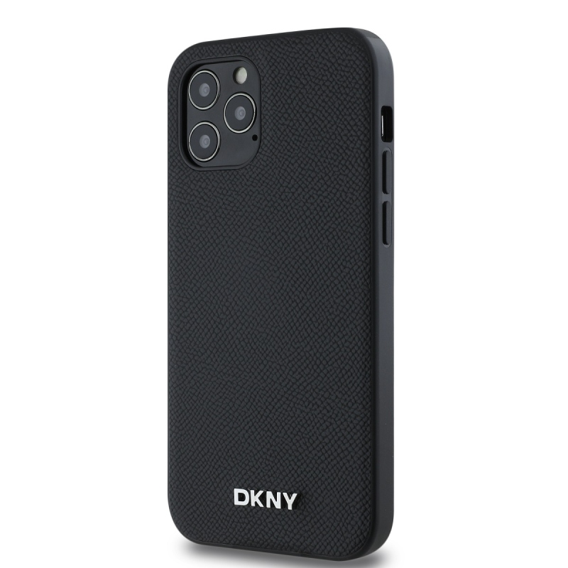 DKNY PU bőr ezüst fém logó Magsafe hátlap iPhone 12/12 Pro fekete