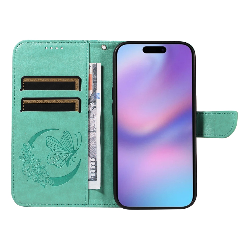 Virágos pillangó könyvtáska iPhone 17 készülékhez - teal színű