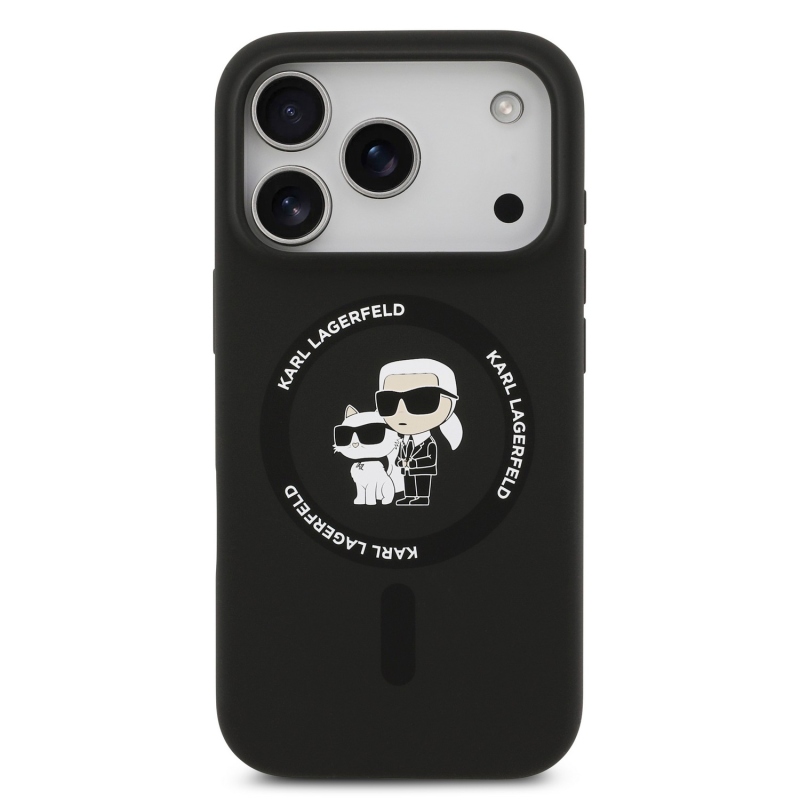 Karl Lagerfeld Liquid Silicone Karl és Choupette MagSafe hátsó tok iPhone 18 Pro Max-hoz, fekete