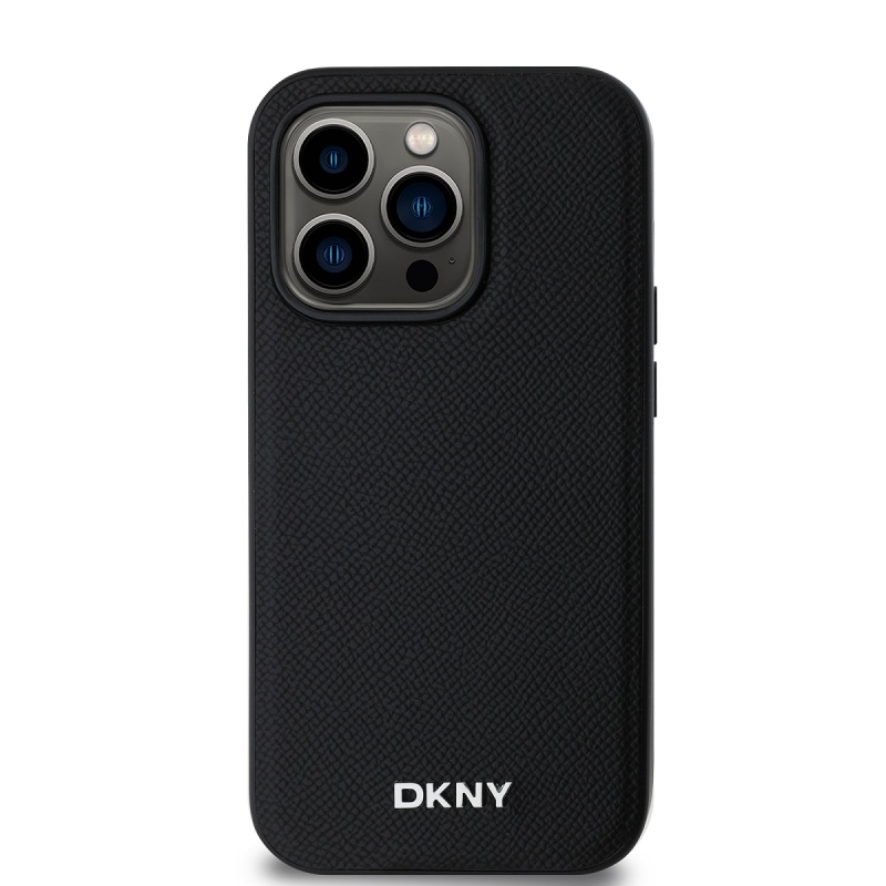 DKNY PU bőr ezüst fém logó Magsafe hátlap iPhone 14 Pro Max-hoz fekete