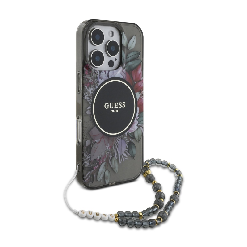 Guess IML Flowers Pearl Strap MagSafe hátlapi borító iPhone 16 Pro Max-hoz Fekete