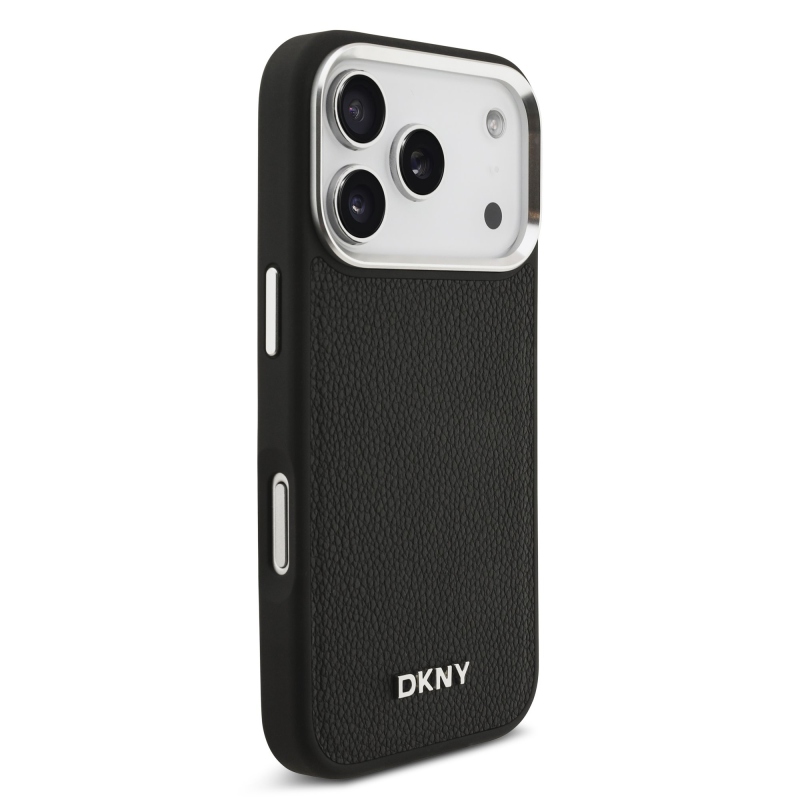 DKNY PU bőr fém logós csuklólánc MagSafe hátlap iPhone 17 Pro fekete színűre