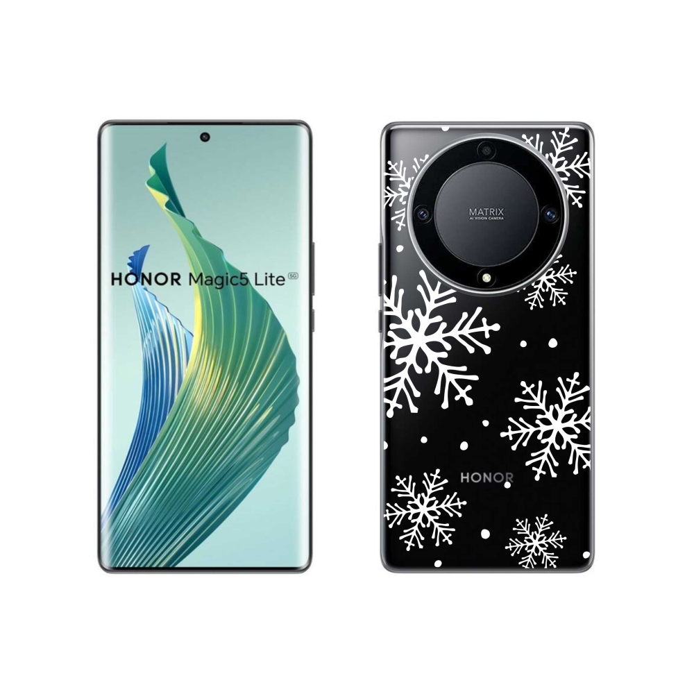 Zselés borítás mmCase a Honor Magic 5 Lite 5G készülékhez - fehér pelyhek átlátszó háttéren