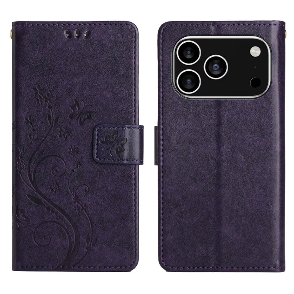 Virágok könyvtáska iPhone 17 Pro készülékhez - sötétlila