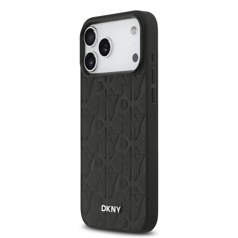 DKNY PU bőr rácsmintás Magsafe hátlap iPhone 17 Pro Max-hoz Fekete