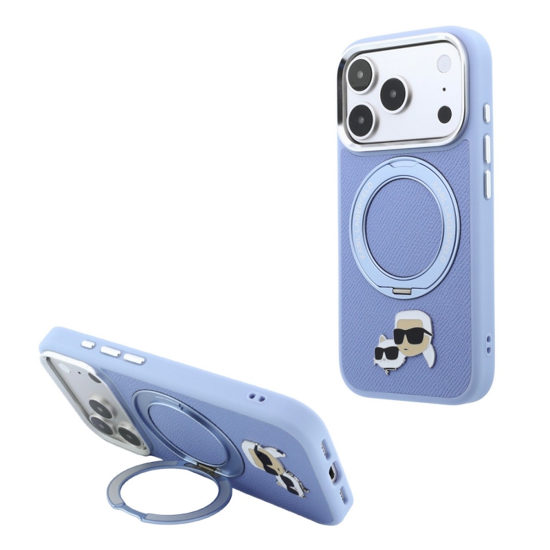 Karl Lagerfeld PU Grained K&CH Heads Ring Stand Magsafe hátsó tok iPhone 18 Pro-hoz, kék