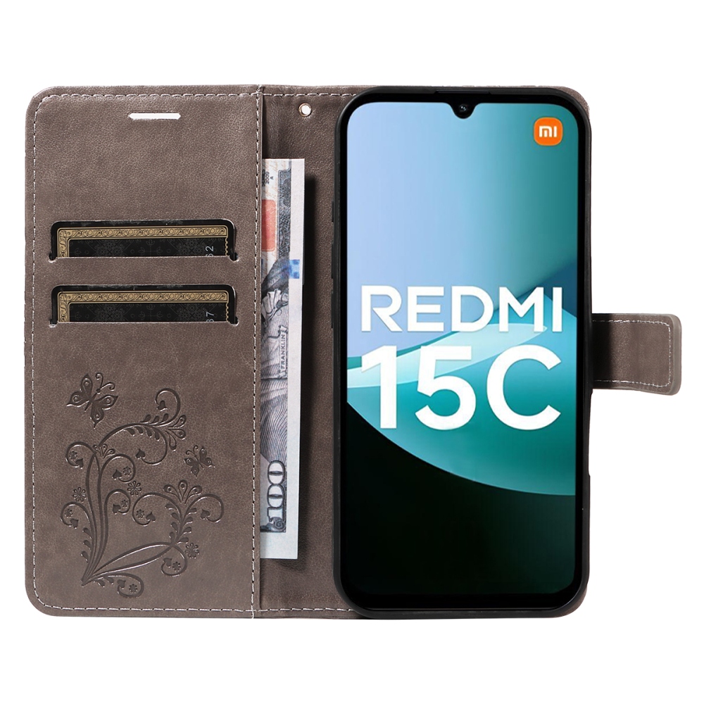 Nagy pillangó könyv tok Xiaomi Redmi 15C 4G/5G (173mm) - szürke
