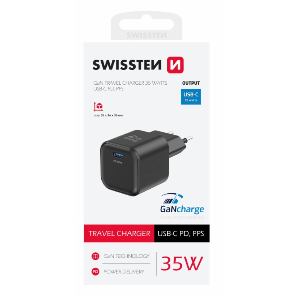 Swissten GaN 1x USB-C 35W-os tápegység töltő - fekete