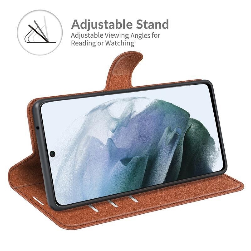 Litchi PU bőr pénztárca tok Samsung Galaxy S21 FE 5G számára - barna