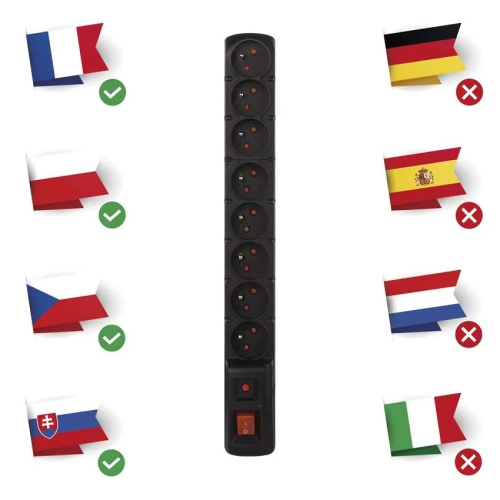 Túlfeszültségvédő - 8 aljzat, 1,5m - fekete