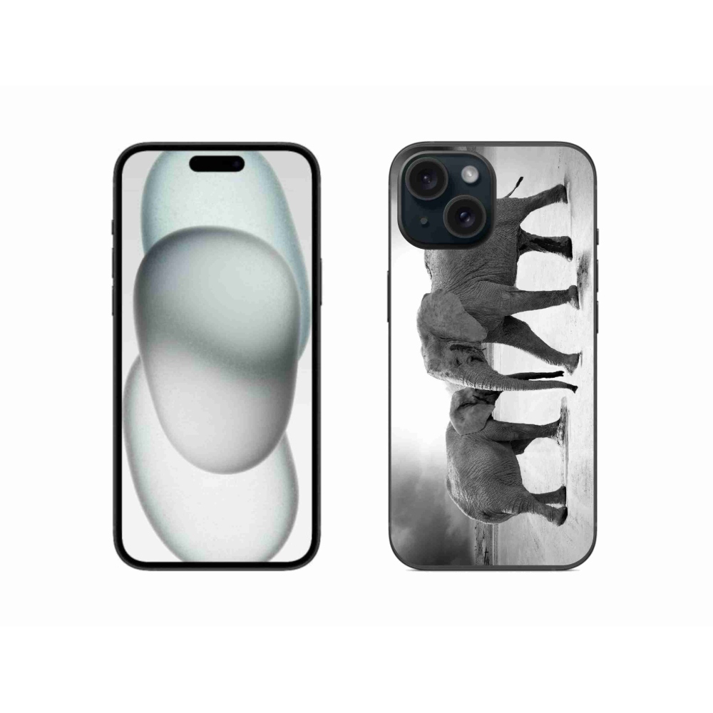 Gél borítás mmCase iPhone 15 készülékhez - fekete és fehér elefántok