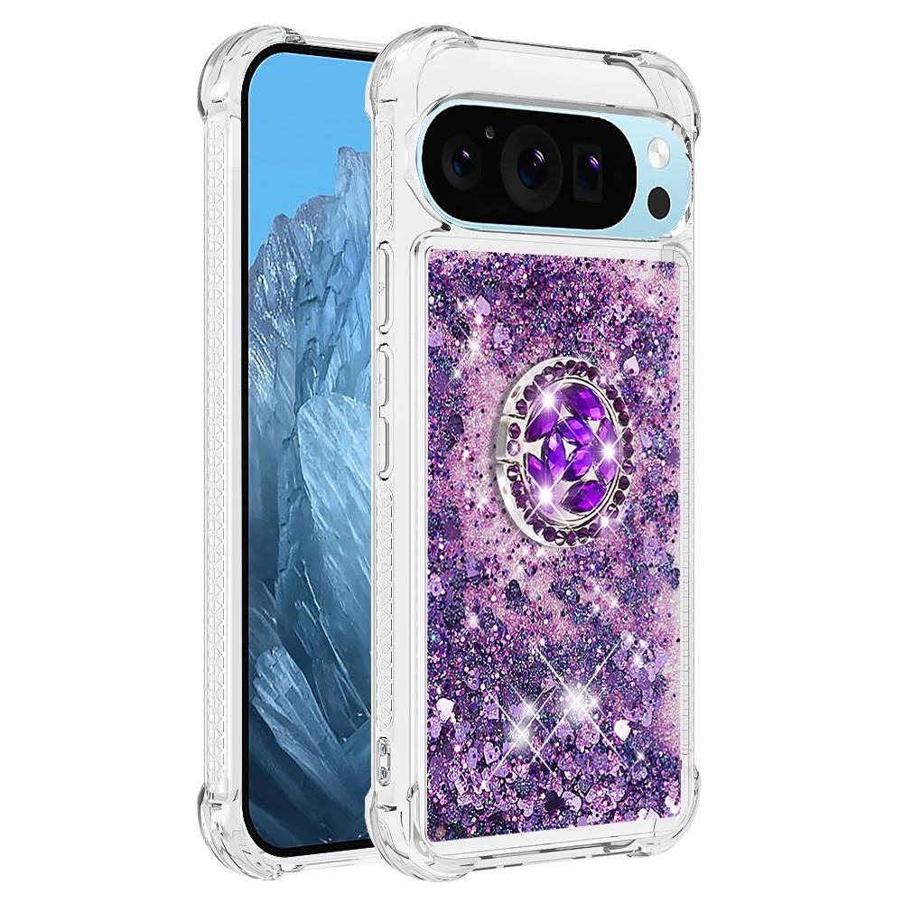 Glitt homokóra zselés tok ujjgyűrűvel a Google Pixel 10 számára - sötét lila/szív