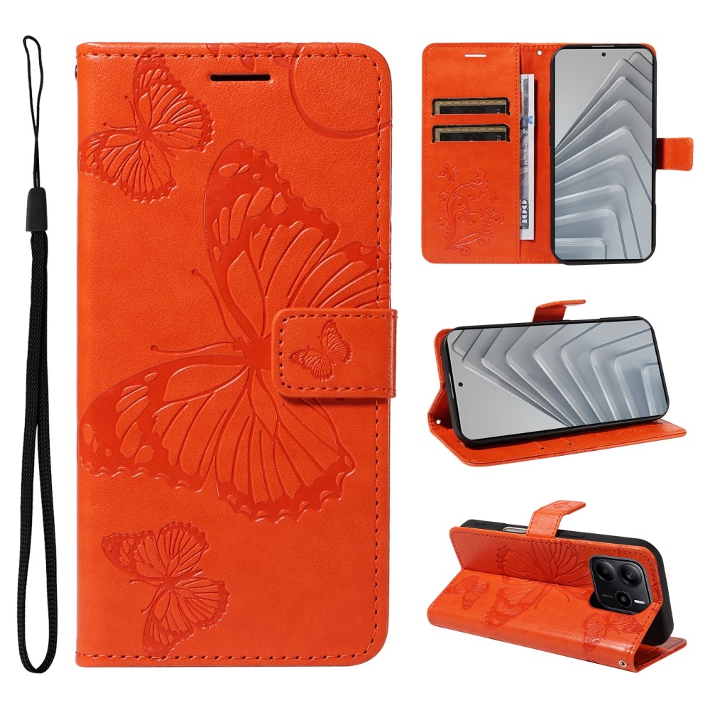 Nagy pillangó könyv tok Xiaomi Redmi Note 14 - narancssárga színben