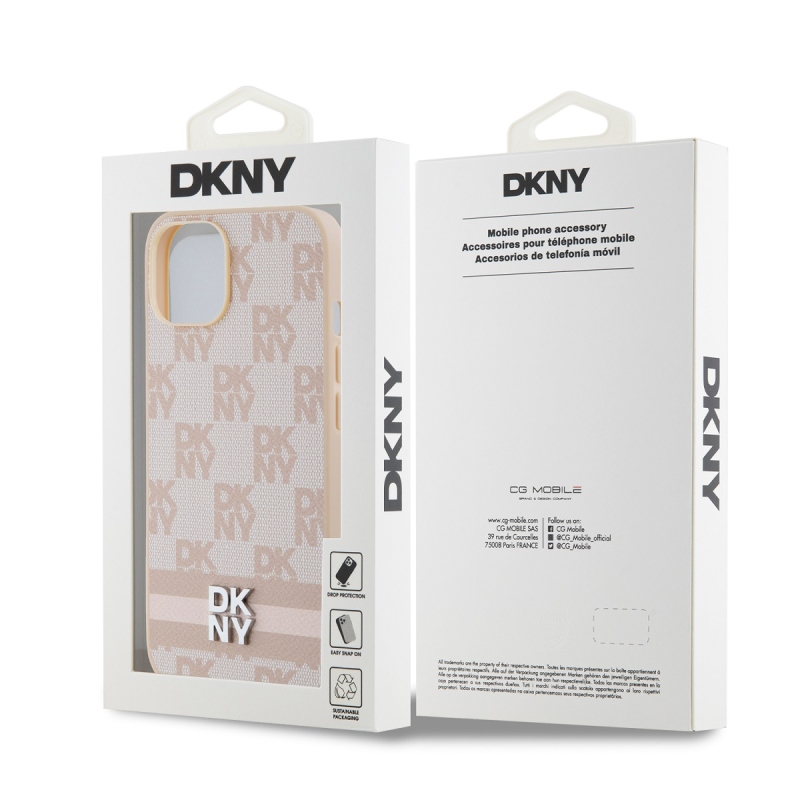 DKNY PU bőr kockás mintás és csíkos hátlapi borító iPhone 14 rózsaszínhez