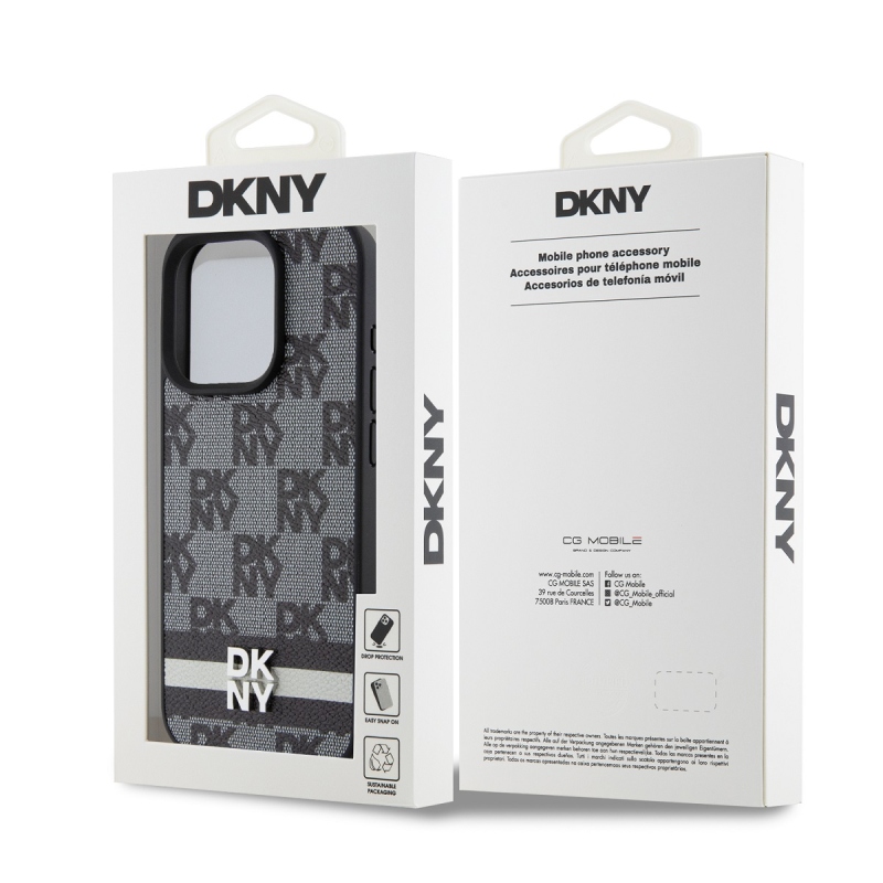 DKNY PU bőr kockás mintás és csíkos hátlapi borító iPhone 13 Pro Max-hoz Fekete