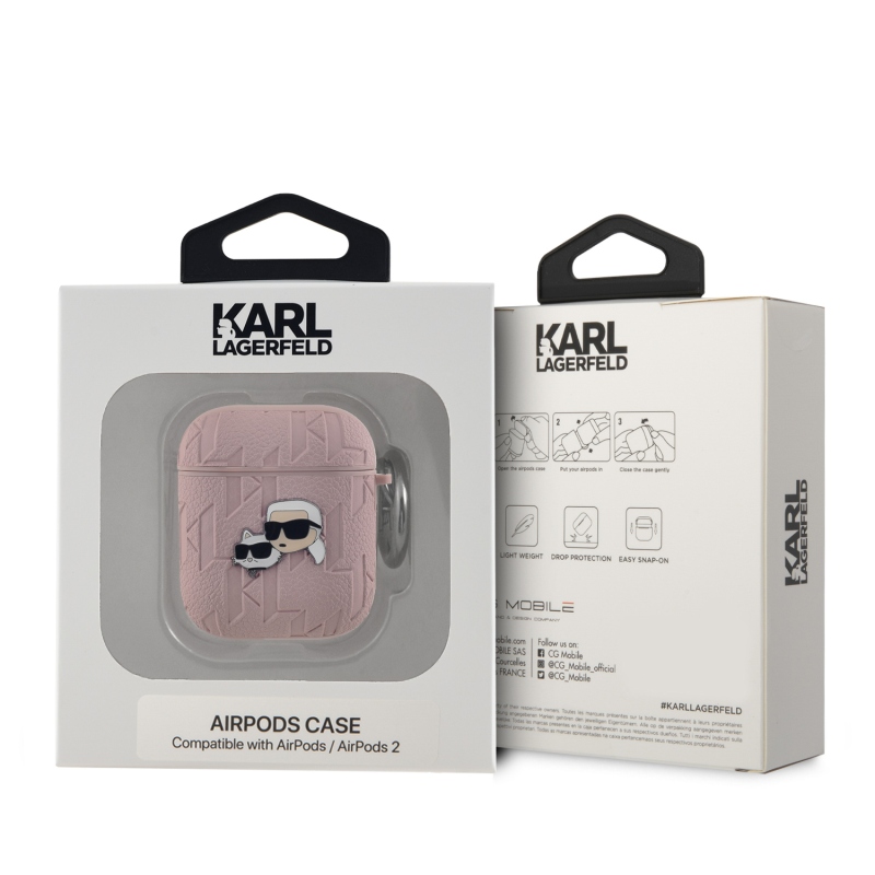 Karl Lagerfeld PU dombornyomott Karl és Choupette fejek tok az AirPods 1/2 rózsaszínhez