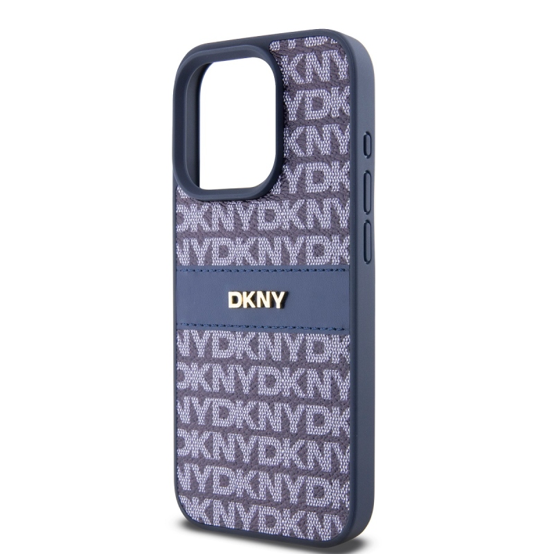 DKNY PU bőr ismétlődő mintás tonális csíkos hátlapi borító iPhone 15 Pro Max kékhez
