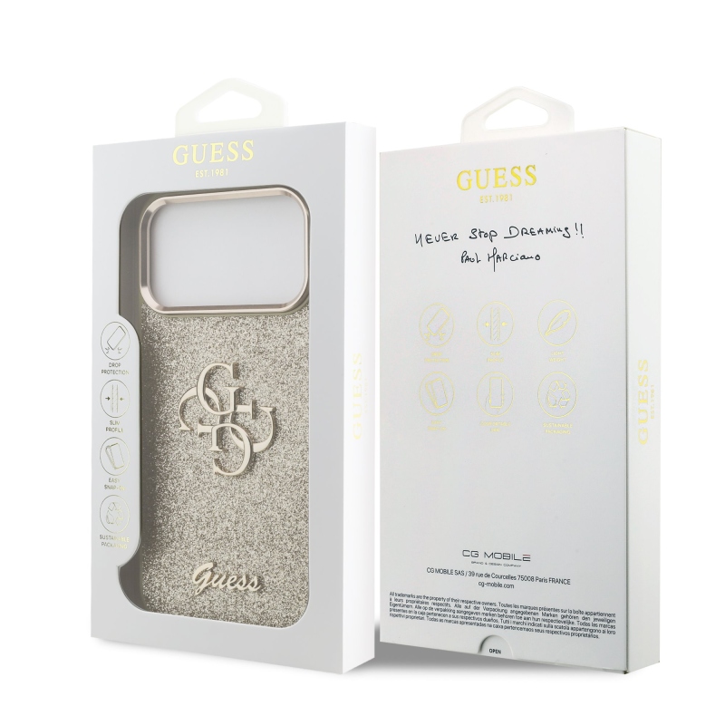 Guess PU Fixed Glitter 4G fémkeret hátsó borító iPhone 17 Pro Max-hoz Arany