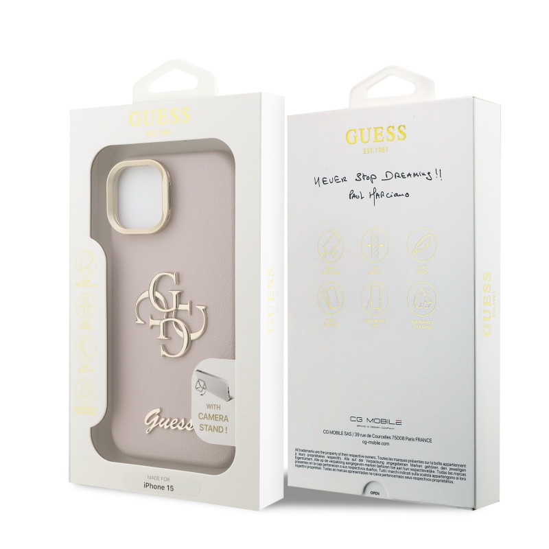Guess PU szemcsés 4G Logo Stand Kamera keret hátlapi borító iPhone 15 rózsaszínhez