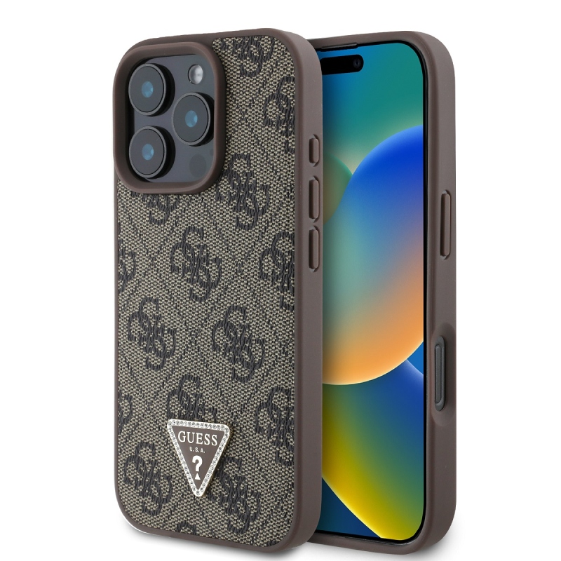 Guess PU 4G Strass háromszög fém logó hátlap iPhone 16 Pro barna színűre