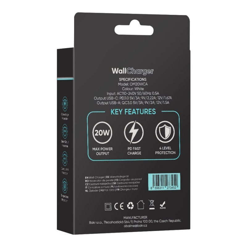 CSOMAG:ME utazási töltő USB-A + USB-C 20W Fehér