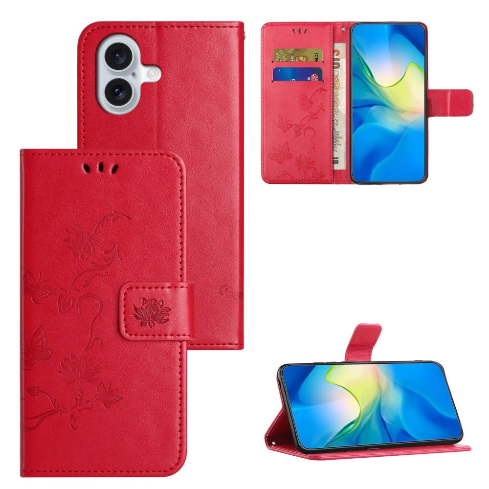 Virágos könyvtáska iPhone 16 Plus készülékhez - piros