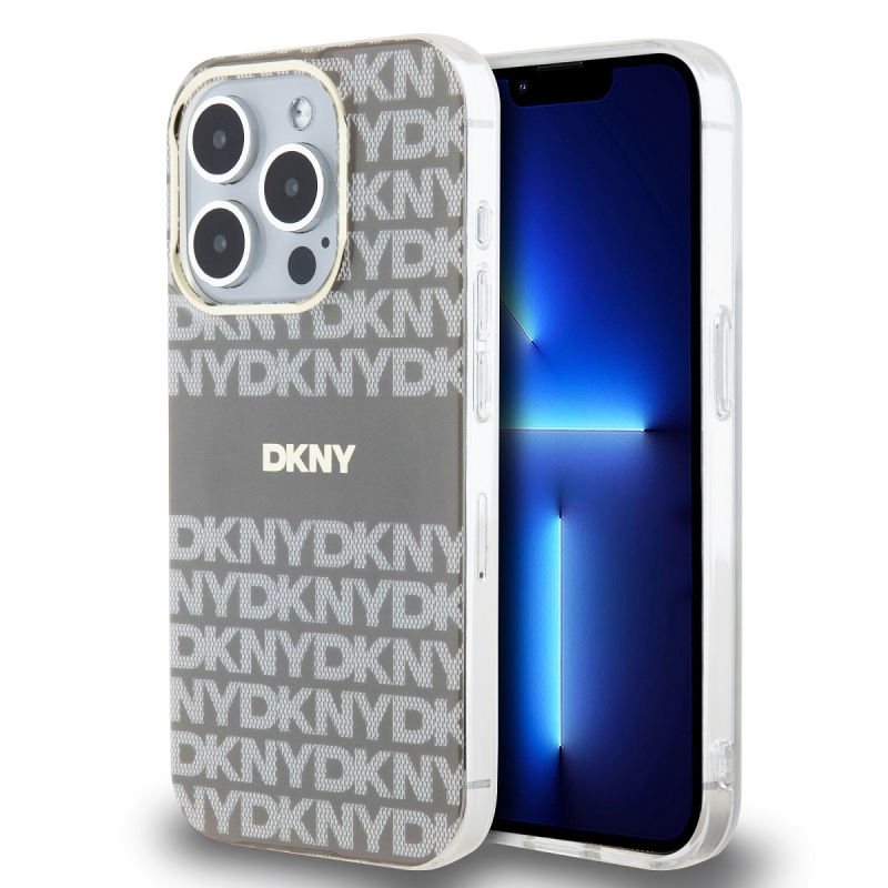 DKNY PC/TPU ismétlődő mintás tonális csíkos Magsafe hátlap iPhone 14 Pro bézs színű borítóhoz