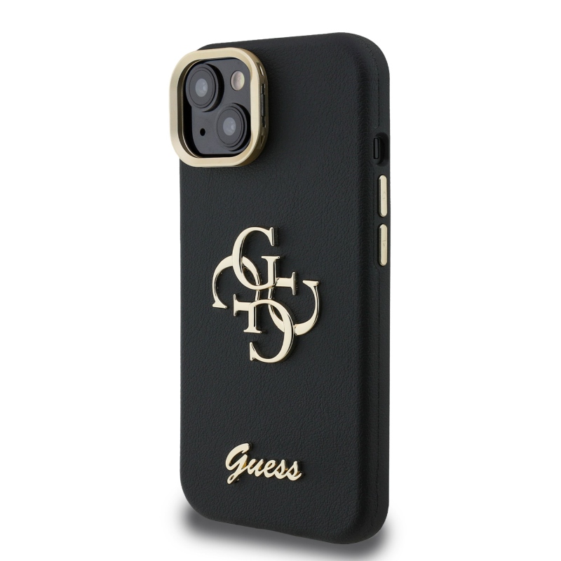 Guess PU szemcsés 4G Logo Stand Kamera keret hátlapi borító iPhone 15 Fekete