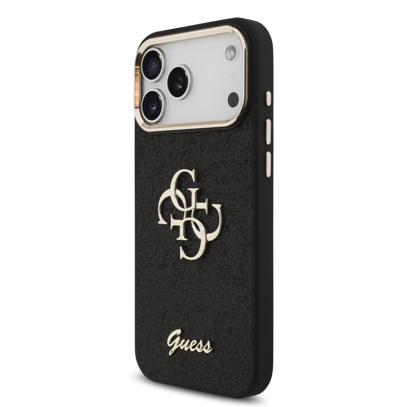 Guess PU Fixed Glitter 4G fémkeret hátsó borító iPhone 17 Pro Max-hoz fekete