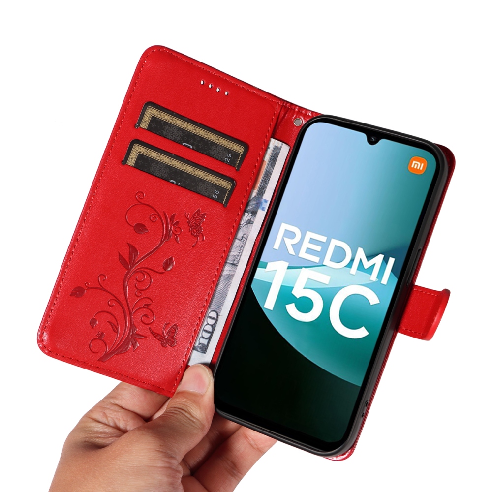 Virágok könyv tok Xiaomi Redmi 15C 4G/5G (173mm) - piros