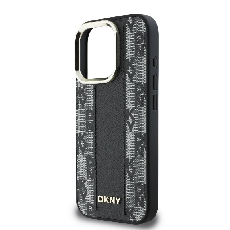 DKNY PU bőr kockás mintás Magsafe hátlap iPhone 16 Pro Max-hoz Fekete