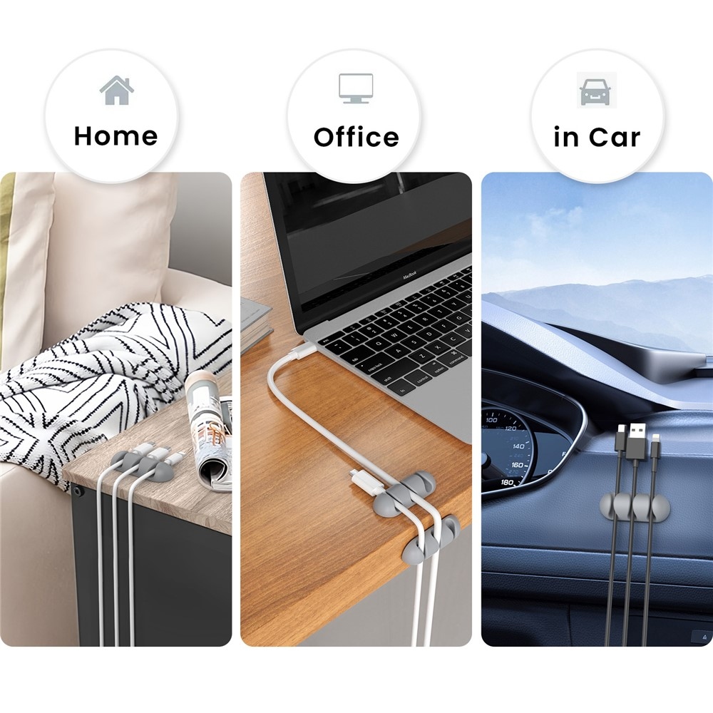 Szilikon kábeltartó 3 horonnyal és öntapadós rögzítéssel - szürke