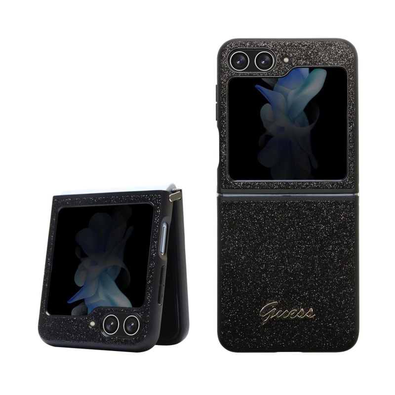 Guess PC/TPU Glitter Flakes Metal Logo hátlap Samsung Galaxy Z Flip 5 Fekete fekete