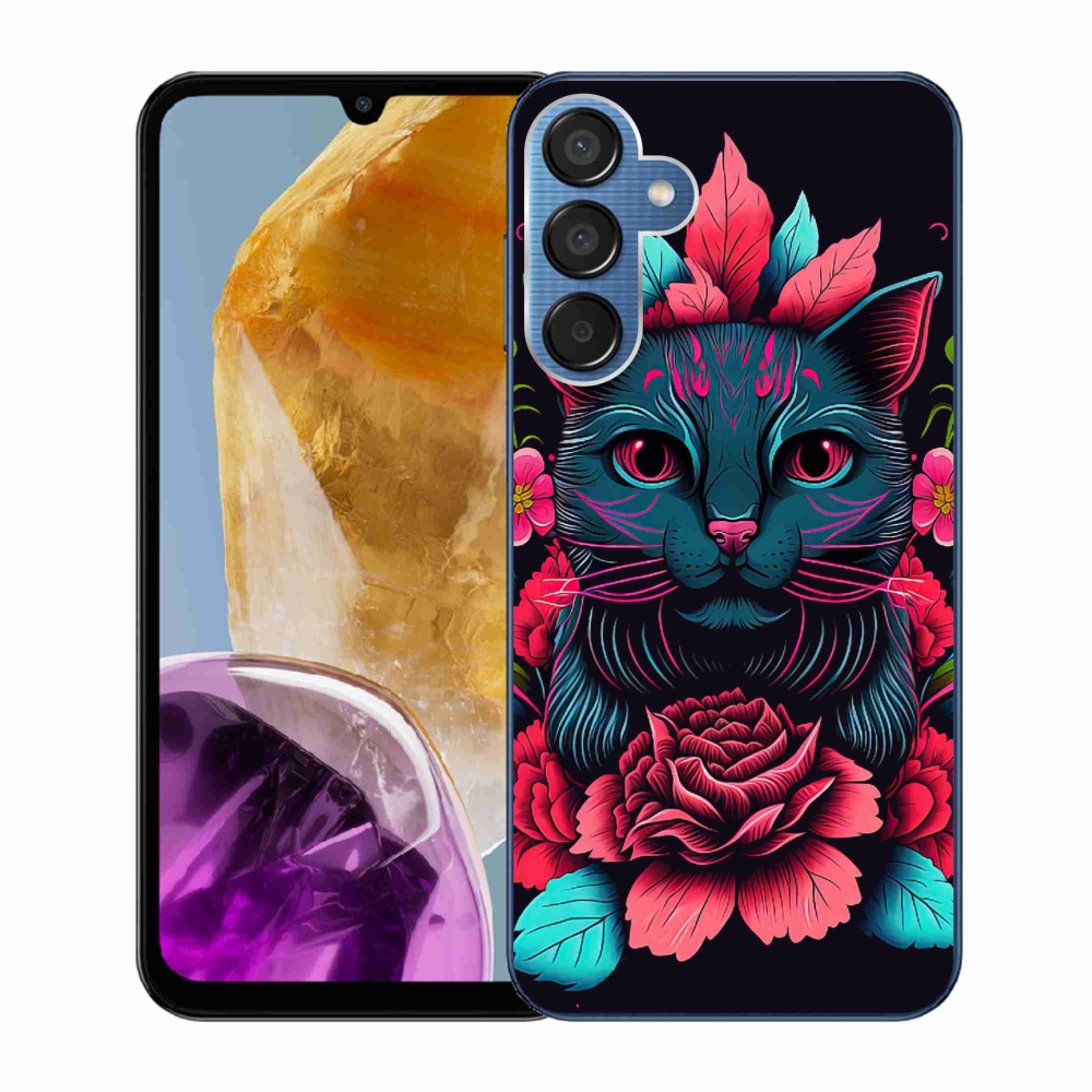 Gél borítás mmCase Samsung Galaxy M15 5G - virágok és macska