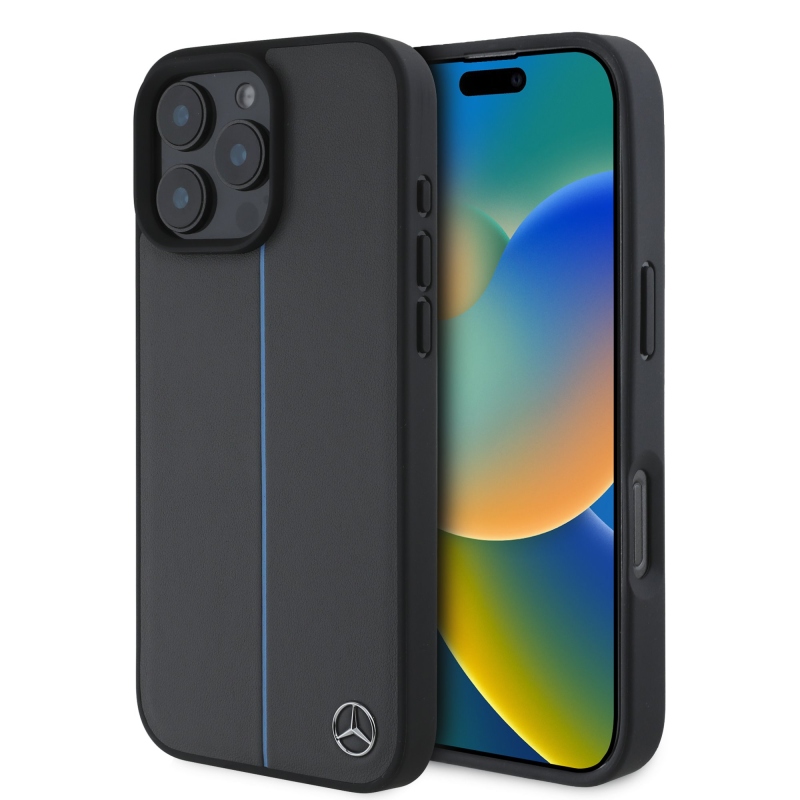 Mercedes bőr kék csíkos MagSafe hátlap iPhone 16 Pro antracitszürke színű iPhone 16 Pro számára