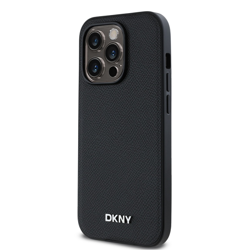DKNY PU bőr ezüst fém logó Magsafe hátlap iPhone 14 Pro Fekete