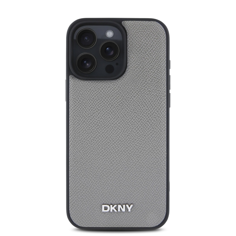 DKNY PU bőr ezüst fém logó Magsafe hátlap iPhone 16 Pro szürke
