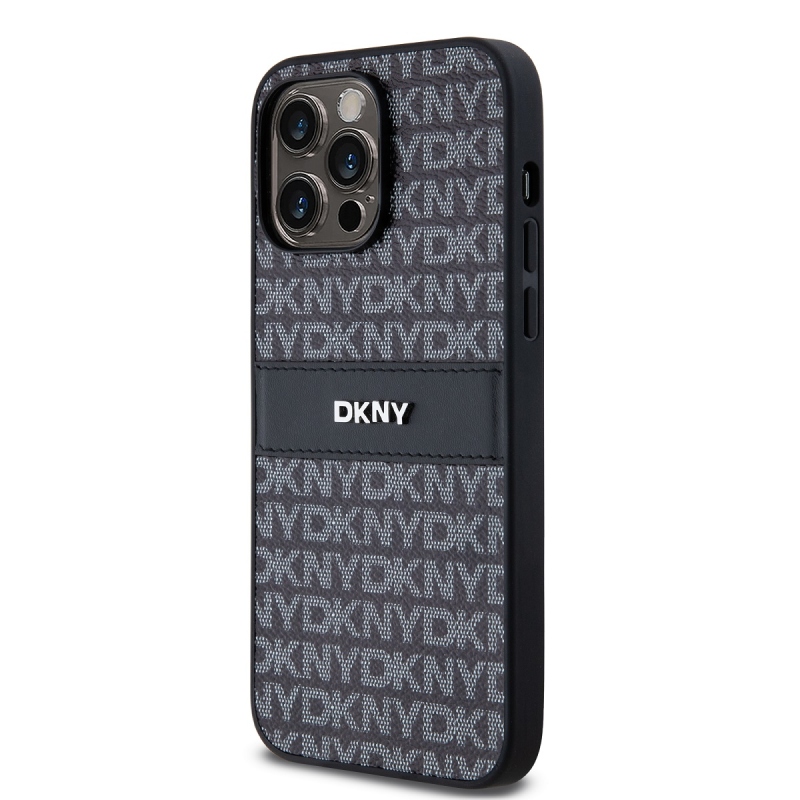 DKNY PU bőr ismétlődő mintás tonális csíkos hátlapi borító iPhone 14 Pro Fekete