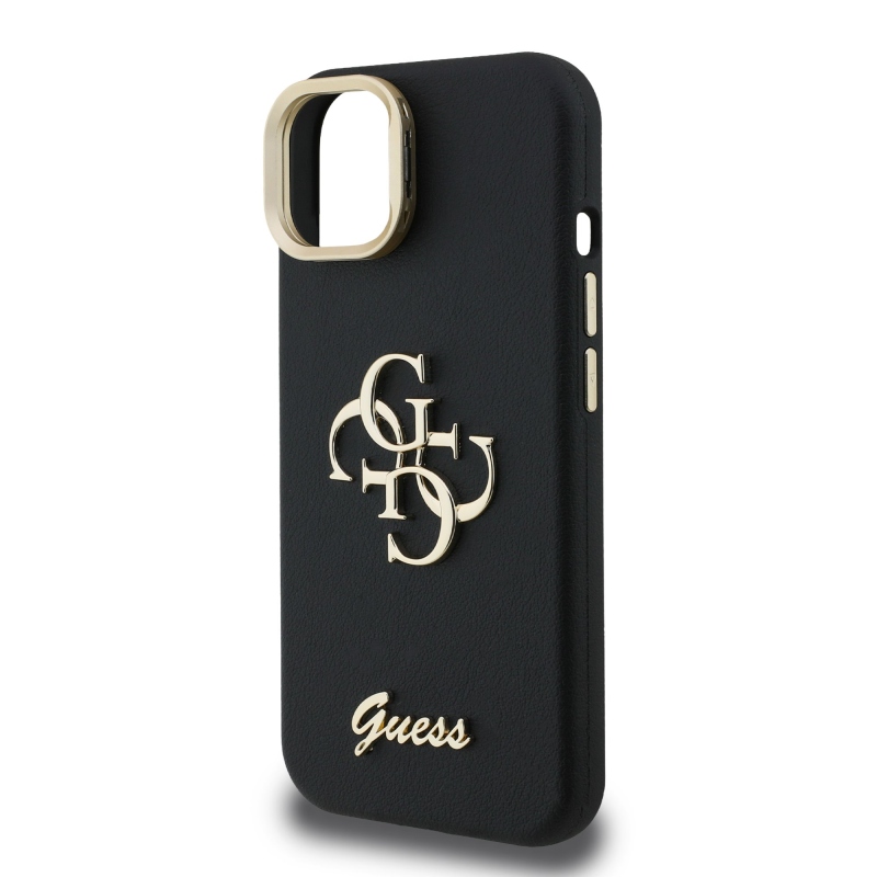 Guess PU szemcsés 4G Logo Stand Kamera keret hátlapi borító iPhone 15 Fekete