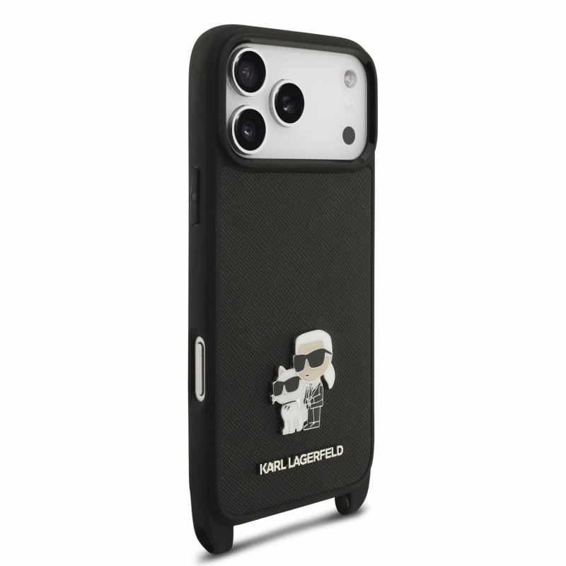 Karl Lagerfeld Saffiano vállpántos, fém Karl és Choupette hátsó tok iPhone 18 Pro Max-hoz, fekete