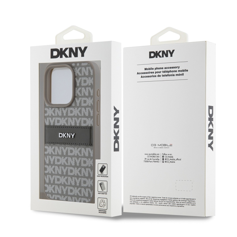 DKNY PU bőr ismétlődő mintás tonális csíkos hátlapi borító iPhone 14 Pro Max bézs színűhöz